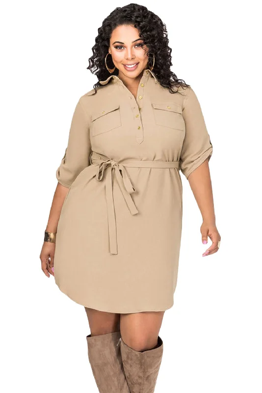 Sexy Khaki Plus Size Belted Textured Shirt Dress Graduation unclassified dresses