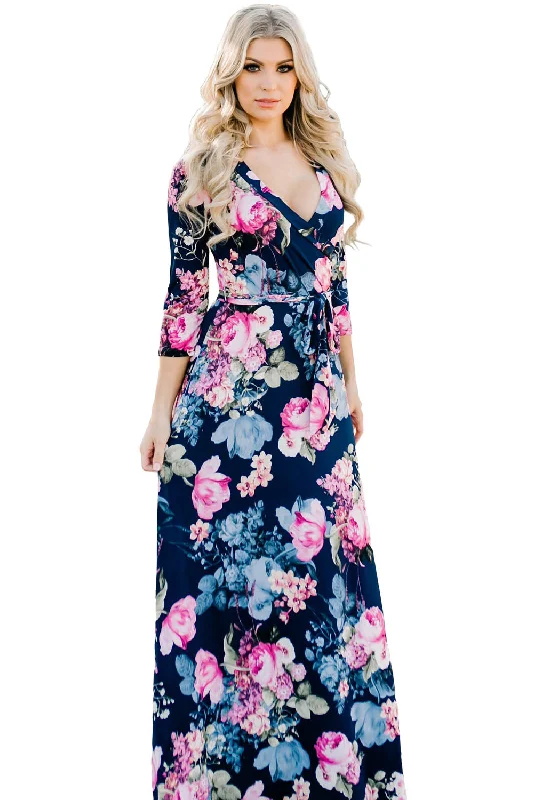 Sexy Navy Blue Big Flower Print Wrap V Neck Boho Dress Floral unclassified dresses