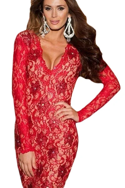 Sexy Red Scalloped Deep V Backless Lace Bodycon Dress Cotton unclassified dresses