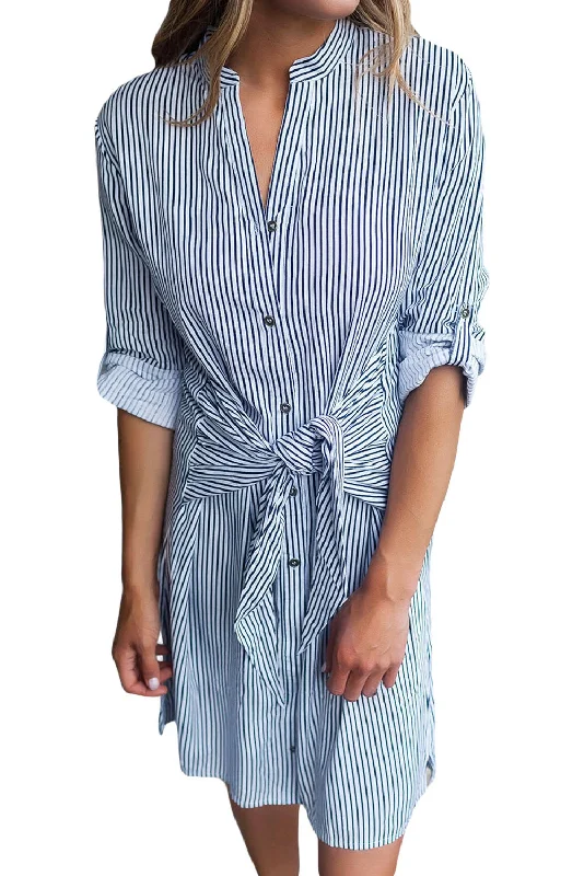 Sexy Navy Striped Tie Waist Button Down Shirt Dress Long unclassified dresses