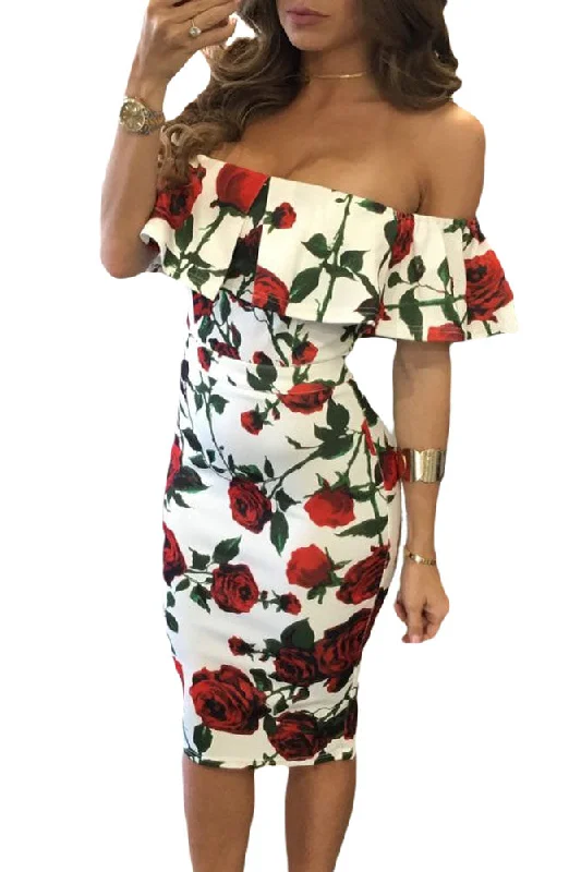 Sexy Red Rose Print Frilled Off Shoulder Boho Dress Winter unclassified dresses