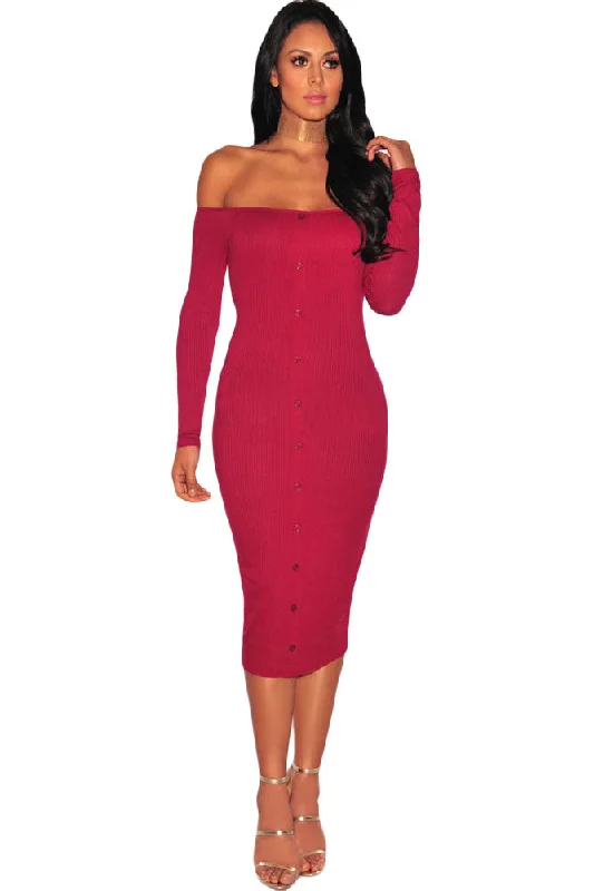 Sexy Red Ribbed Knit Off Shoulder Dress Date night unclassified dresses