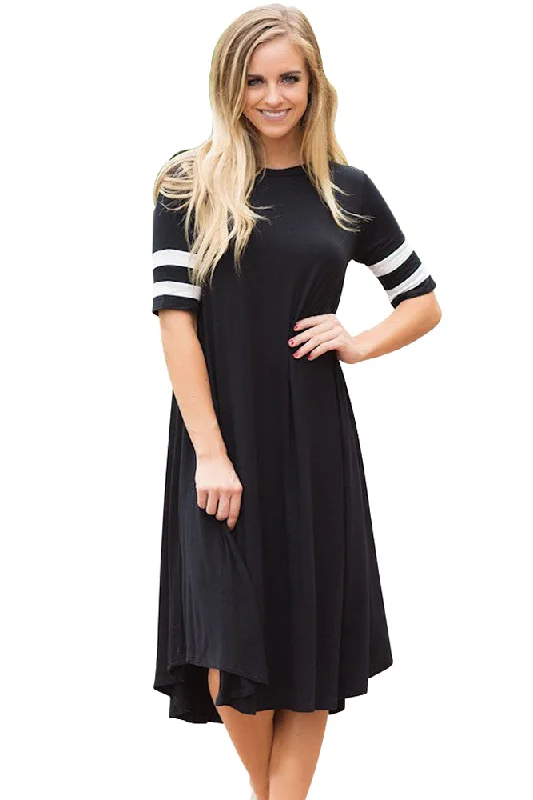 Sexy Striped Half Sleeves O Neck Flowy Jersey Dress in Black Sequin unclassified dresses