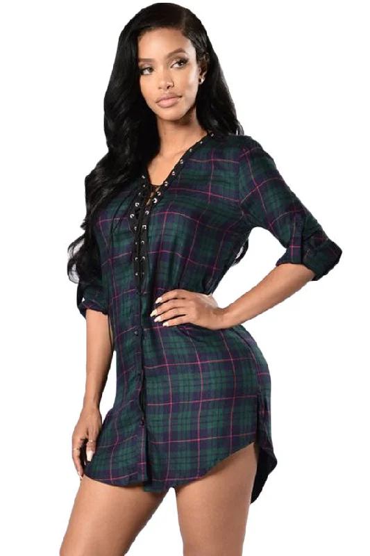 Sexy Green Navy Lace-up Front Plaid Shirt Dress Gothic unclassified dresses