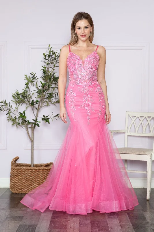 Floral Applique Sleeveless Mermaid Dress by Poly USA 9374 Backless unclassified dresses