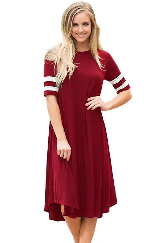 Sexy Striped Half Sleeves O Neck Flowy Jersey Dress in Red Silk unclassified dresses
