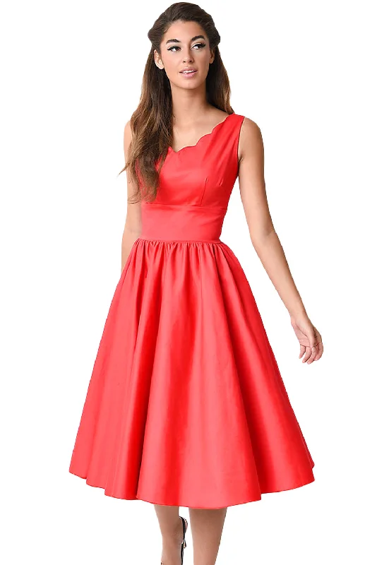Sexy Red Scallop Neck Cinched Waist Ladylike Vintage Dress Monochrome unclassified dresses