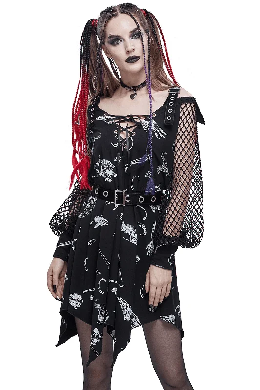 Women's Asymmetrical Dress with Buckle Straps on Shoulders / Gothic Dress with Mesh Lantern Sleeves Metallic unclassified dresses